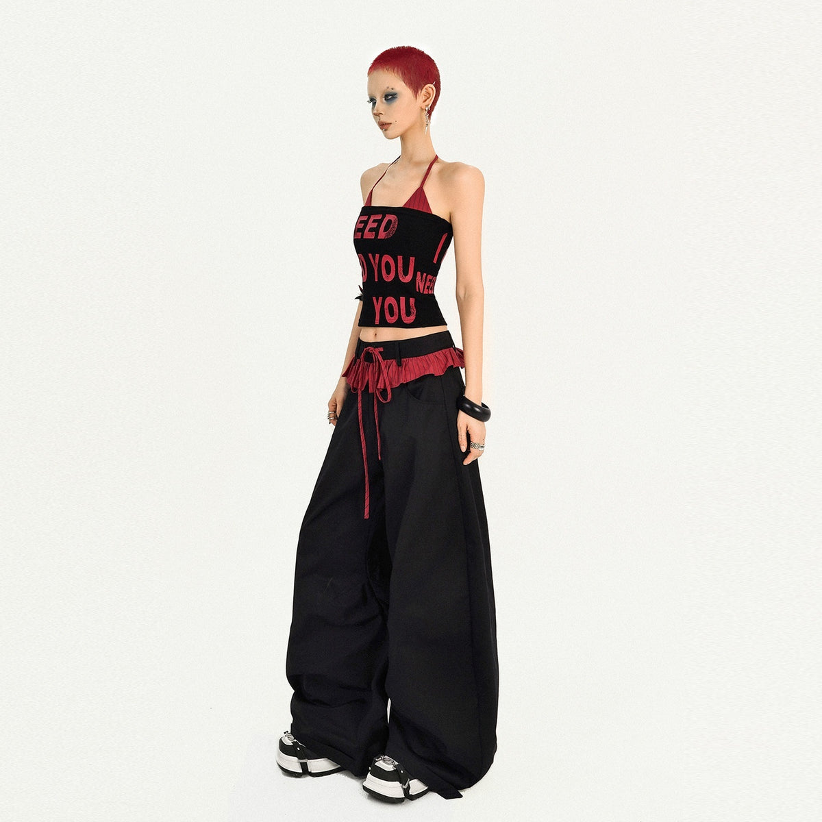 Nico_Molly_Black_Pink_Letter_Print_Halter_Two_Piece_Slim_Fit_Women&
