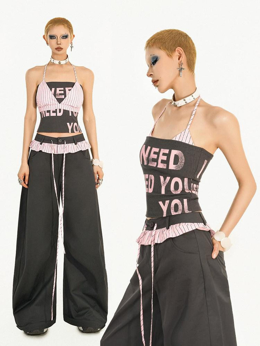 Nico Molly Black Pink Letter Print Halter Two Piece Slim Fit Women&