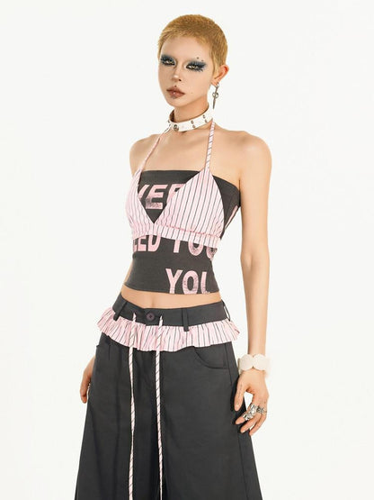 Nico Molly Black Pink Letter Print Halter Two Piece Slim Fit Women&