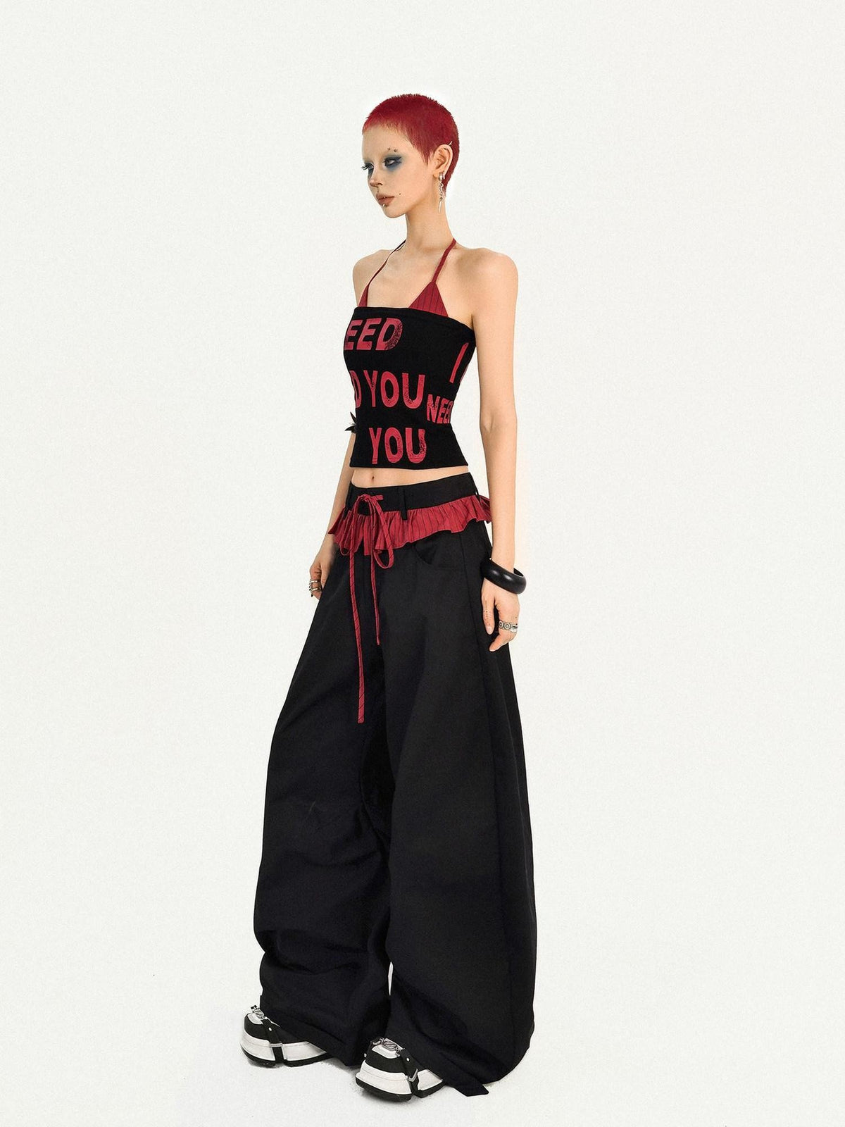 Nico Molly Black Pink Letter Print Halter Two Piece Slim Fit Women&