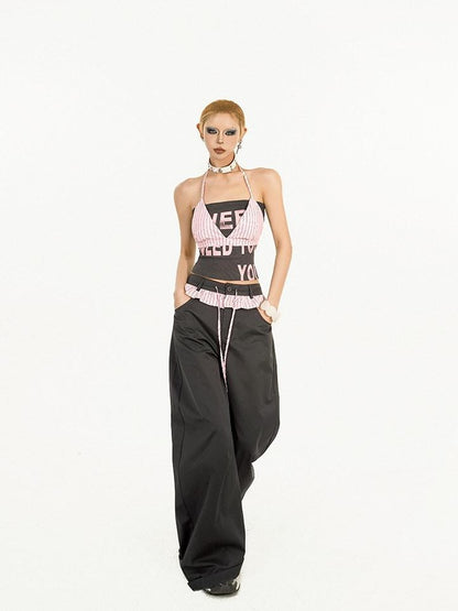 Nico Molly Black Pink Letter Print Halter Two Piece Slim Fit Women&