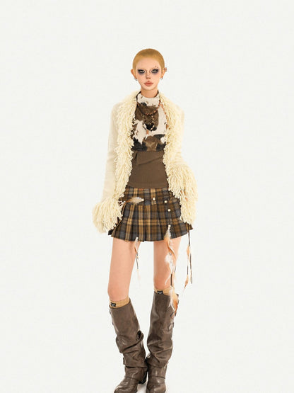 Nico Molly Black Plaid Pleated High Waist A Line Distressed Women&
