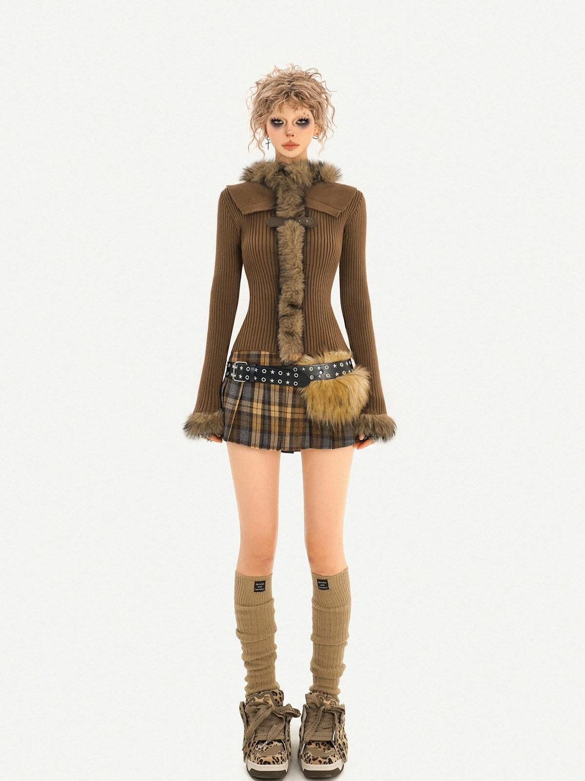 Nico Molly Black Plaid Pleated High Waist A Line Distressed Women&