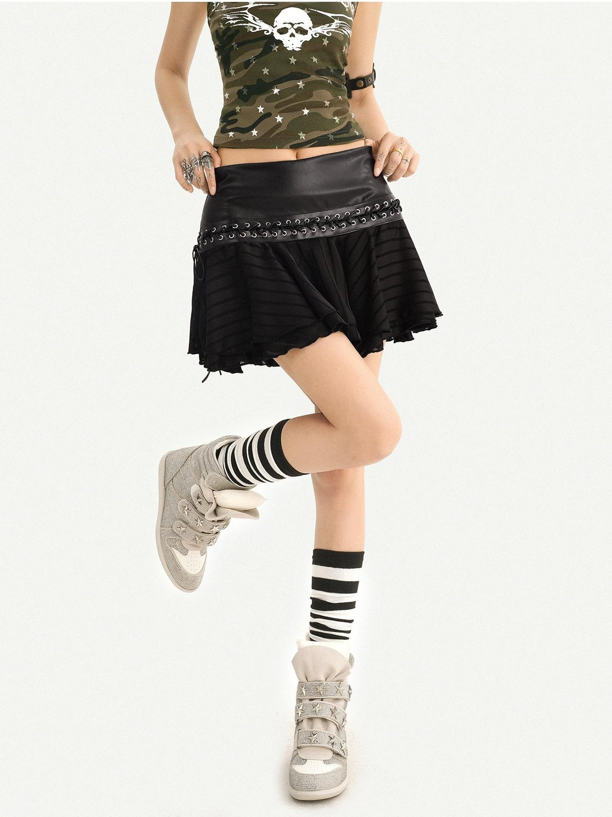 Nico Molly Black Pleated A Line Low Waist Punk Schoolgirl Women&