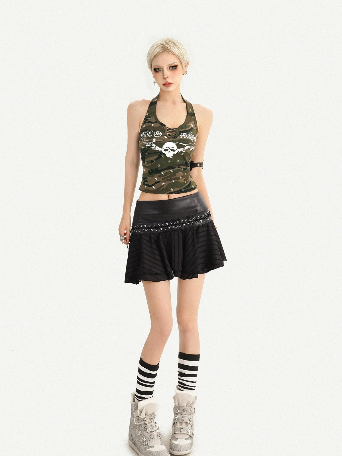 Nico Molly Black Pleated A Line Low Waist Punk Schoolgirl Women&