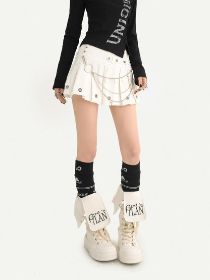 Nico Molly Black Pleated Studded Metal Chain Low Waist Women&