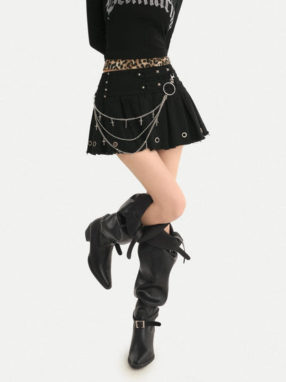 Nico Molly Black Pleated Studded Metal Chain Low Waist Women&