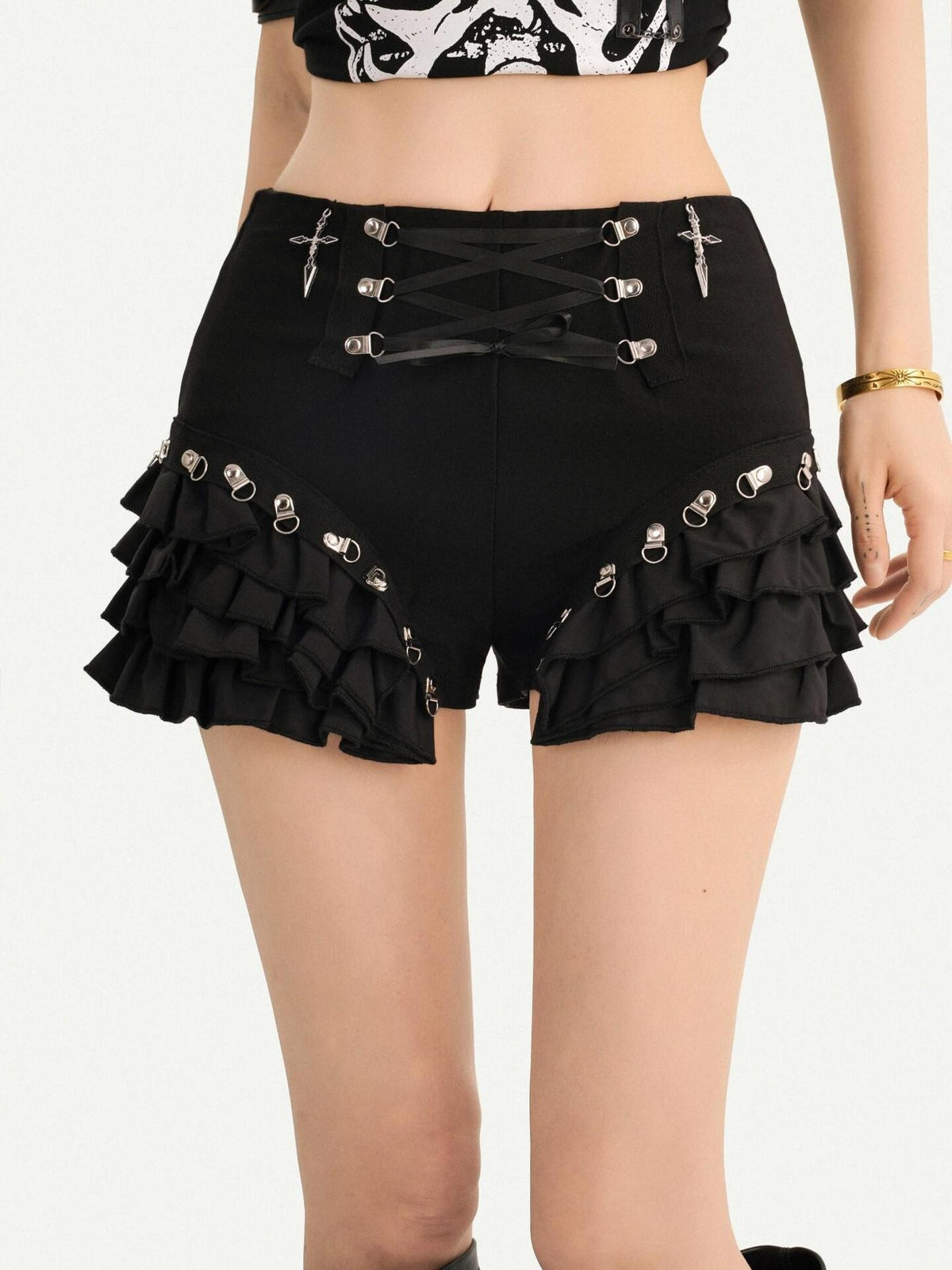 Nico Molly Black Punk Lace Up Layered Lace Trim Women&