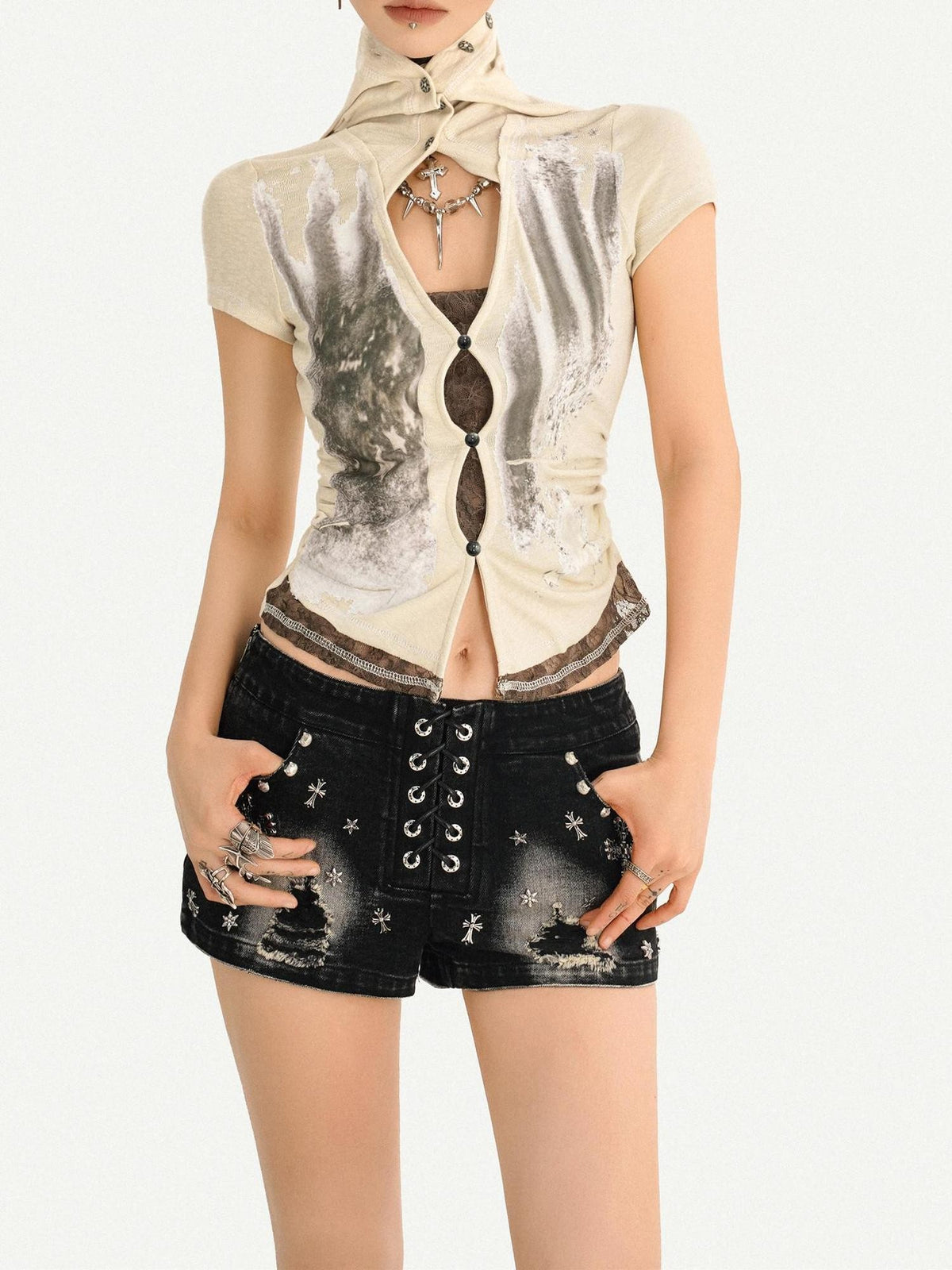 Nico Molly Black Punk Studded Heavy Washed Ripped Low Waist Women&