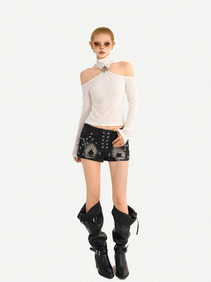 Nico Molly Black Punk Studded Heavy Washed Ripped Low Waist Women&