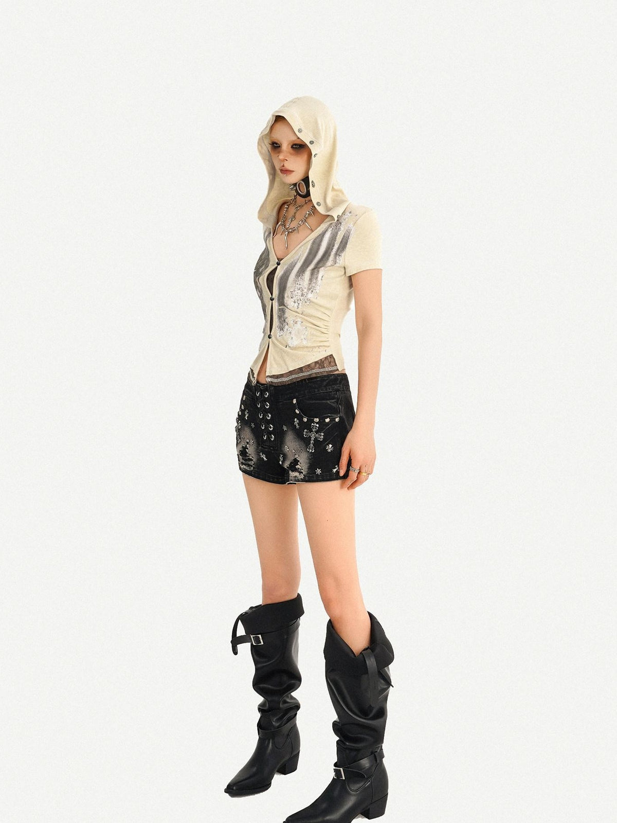Nico Molly Black Punk Studded Heavy Washed Ripped Low Waist Women&