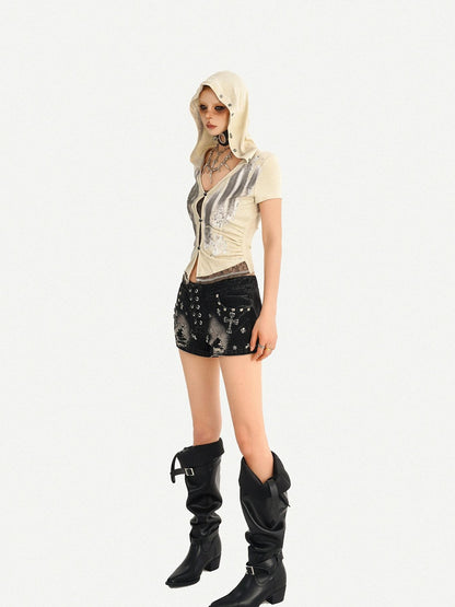Nico Molly Black Punk Studded Heavy Washed Ripped Low Waist Women&