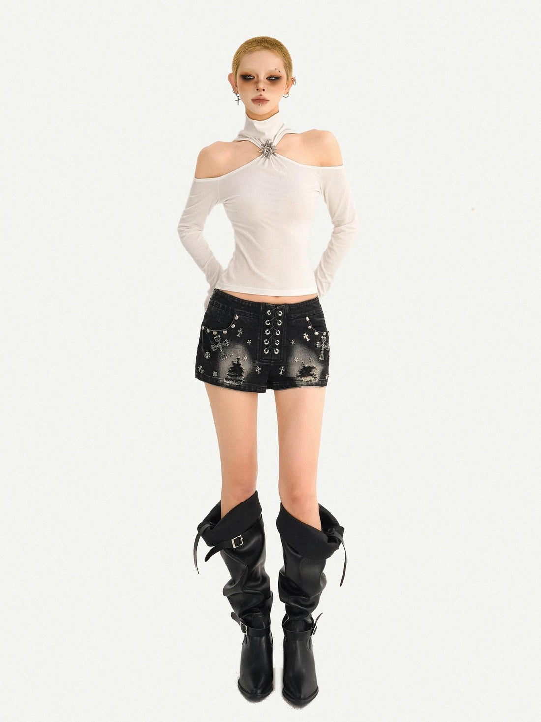 Nico Molly Black Punk Studded Heavy Washed Ripped Low Waist Women&