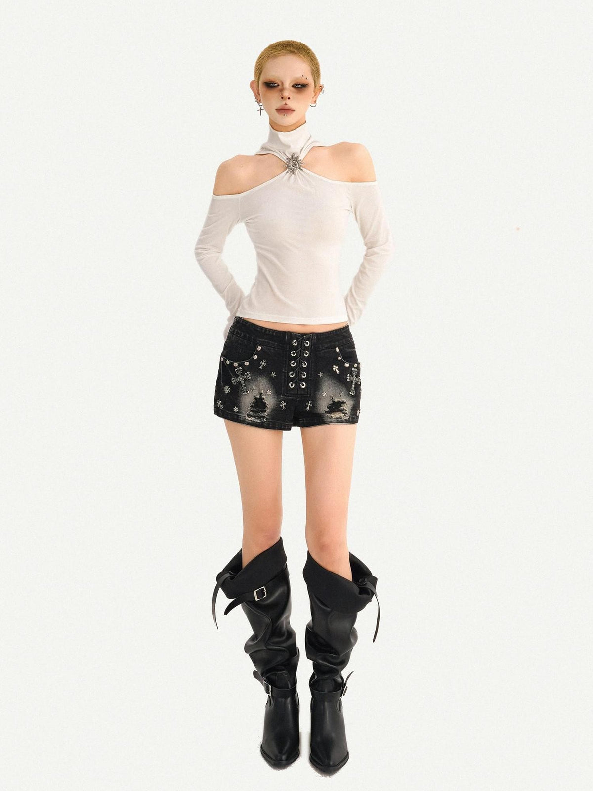 Nico Molly Black Punk Studded Heavy Washed Ripped Low Waist Women&