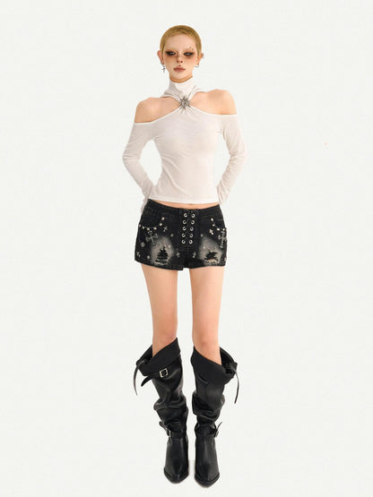 Nico Molly Black Punk Studded Heavy Washed Ripped Low Waist Women&