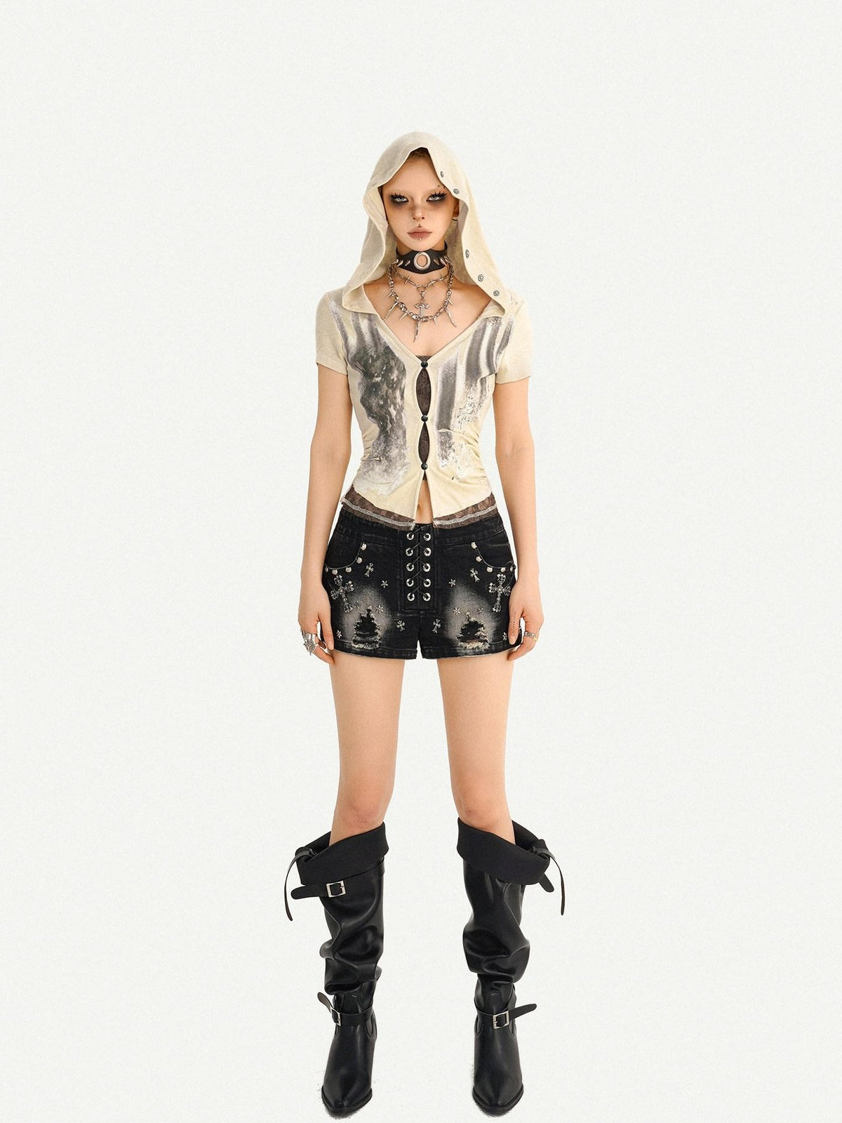Nico Molly Black Punk Studded Heavy Washed Ripped Low Waist Women&