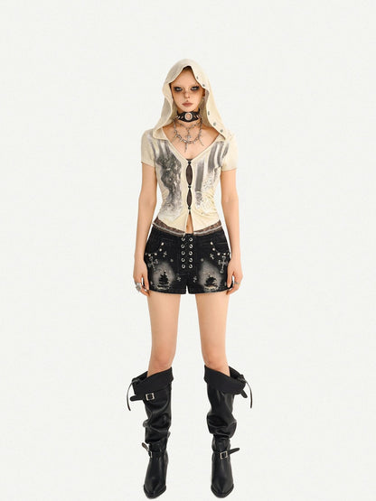 Nico Molly Black Punk Studded Heavy Washed Ripped Low Waist Women&