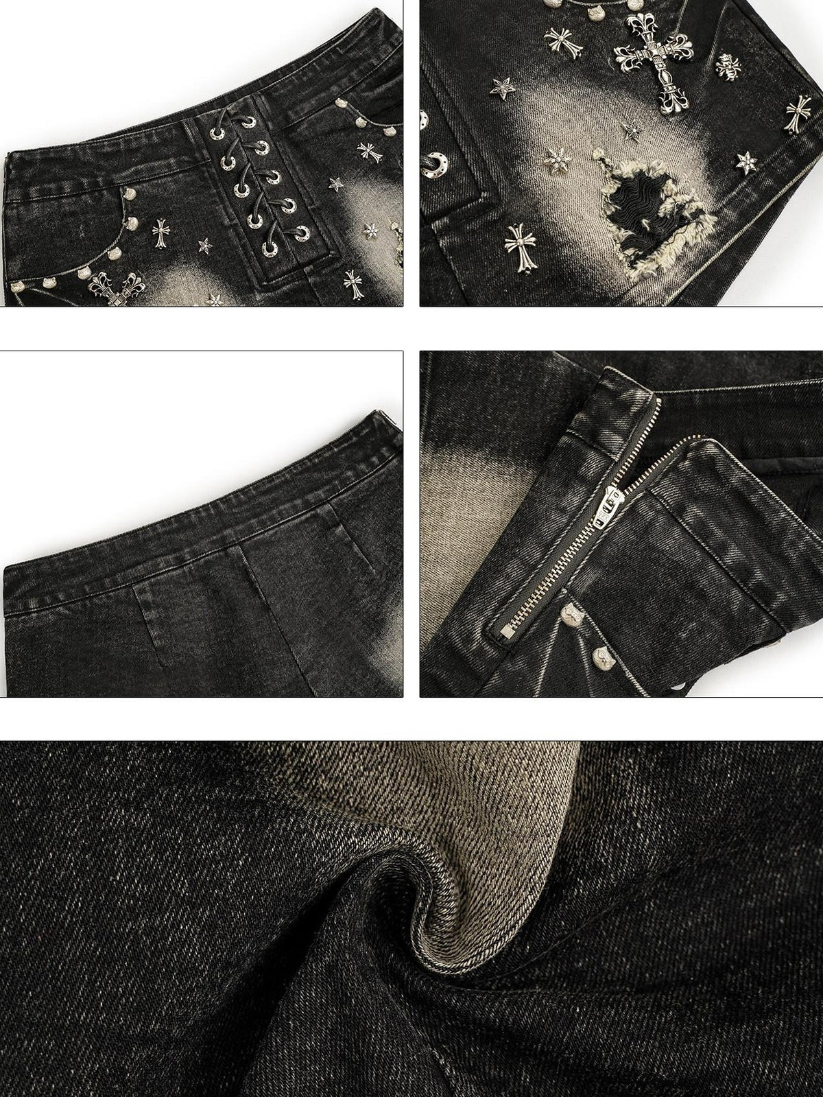 Nico Molly Black Punk Studded Heavy Washed Ripped Low Waist Women&