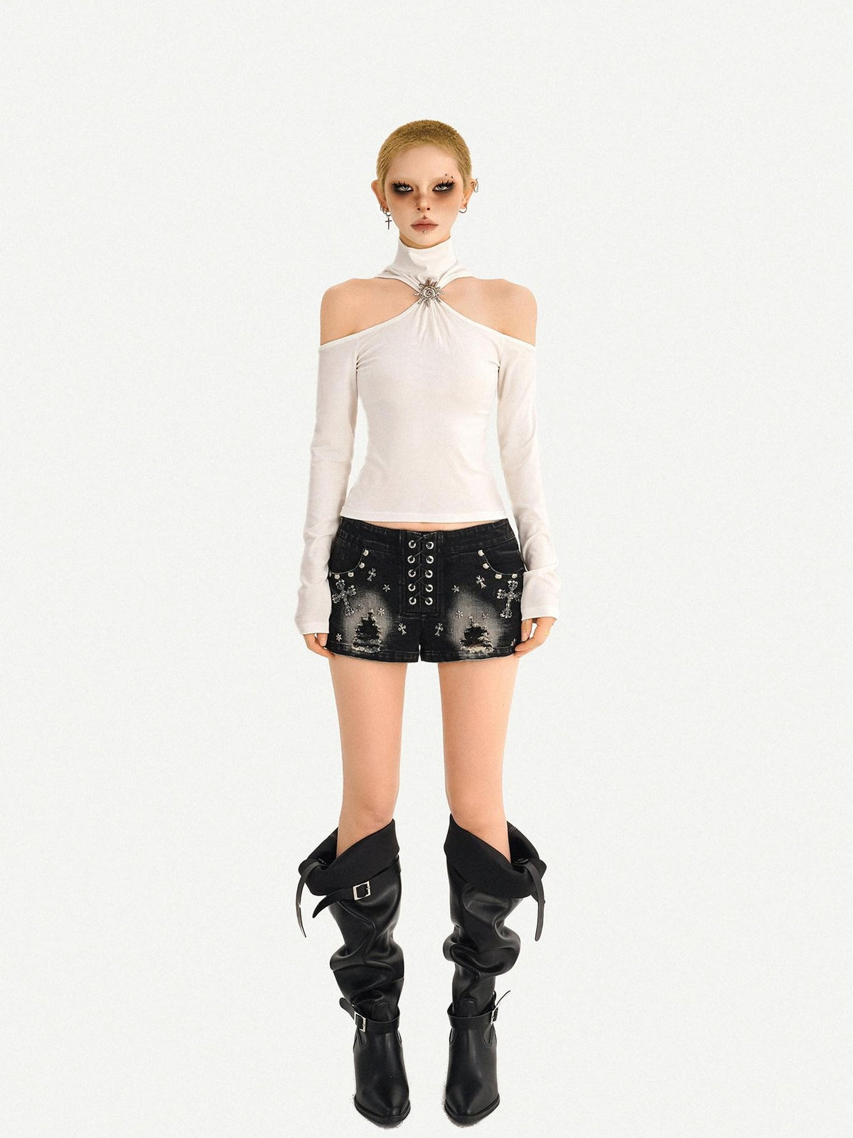 Nico Molly Black Punk Studded Heavy Washed Ripped Low Waist Women&