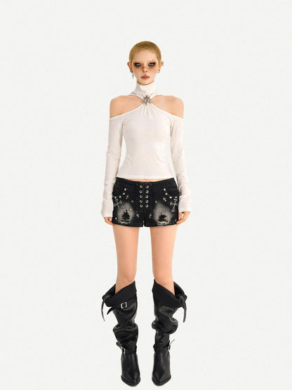 Nico Molly Black Punk Studded Heavy Washed Ripped Low Waist Women&