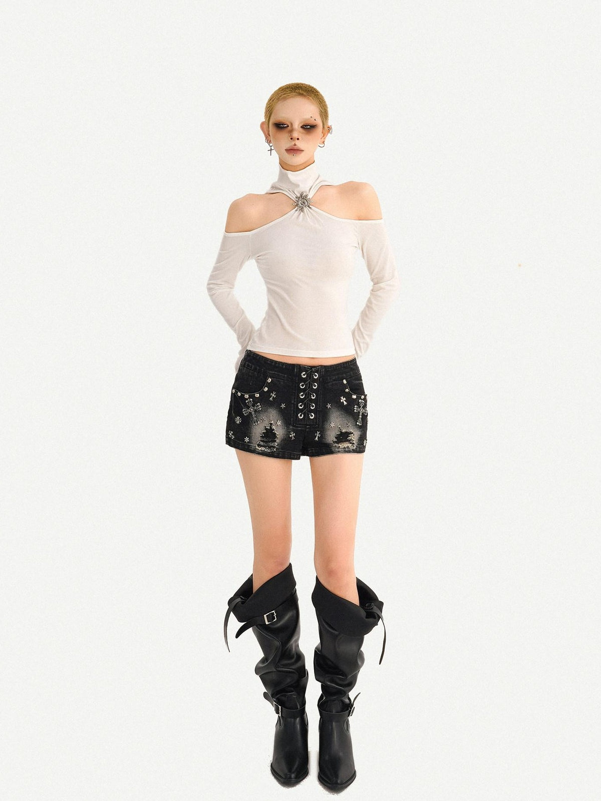 Nico Molly Black Punk Studded Heavy Washed Ripped Low Waist Women&