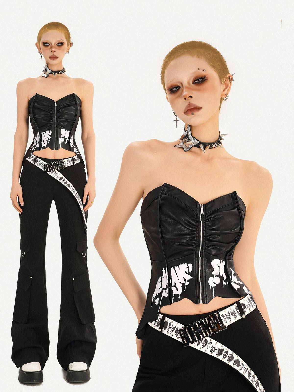 Nico Molly Black Punk Zippered Cropped Bustier Waist Cinch Women&