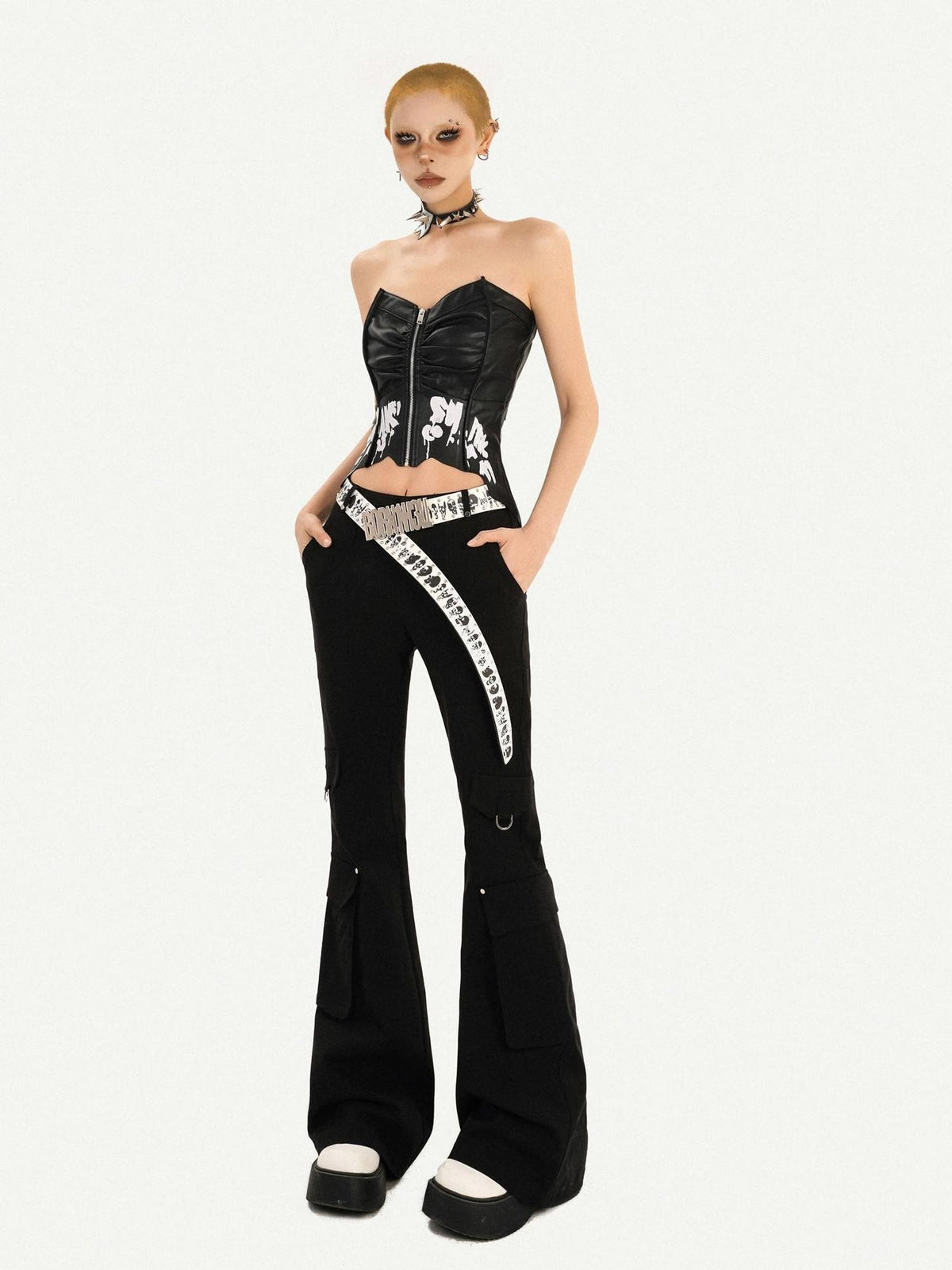 Nico Molly Black Punk Zippered Cropped Bustier Waist Cinch Women&