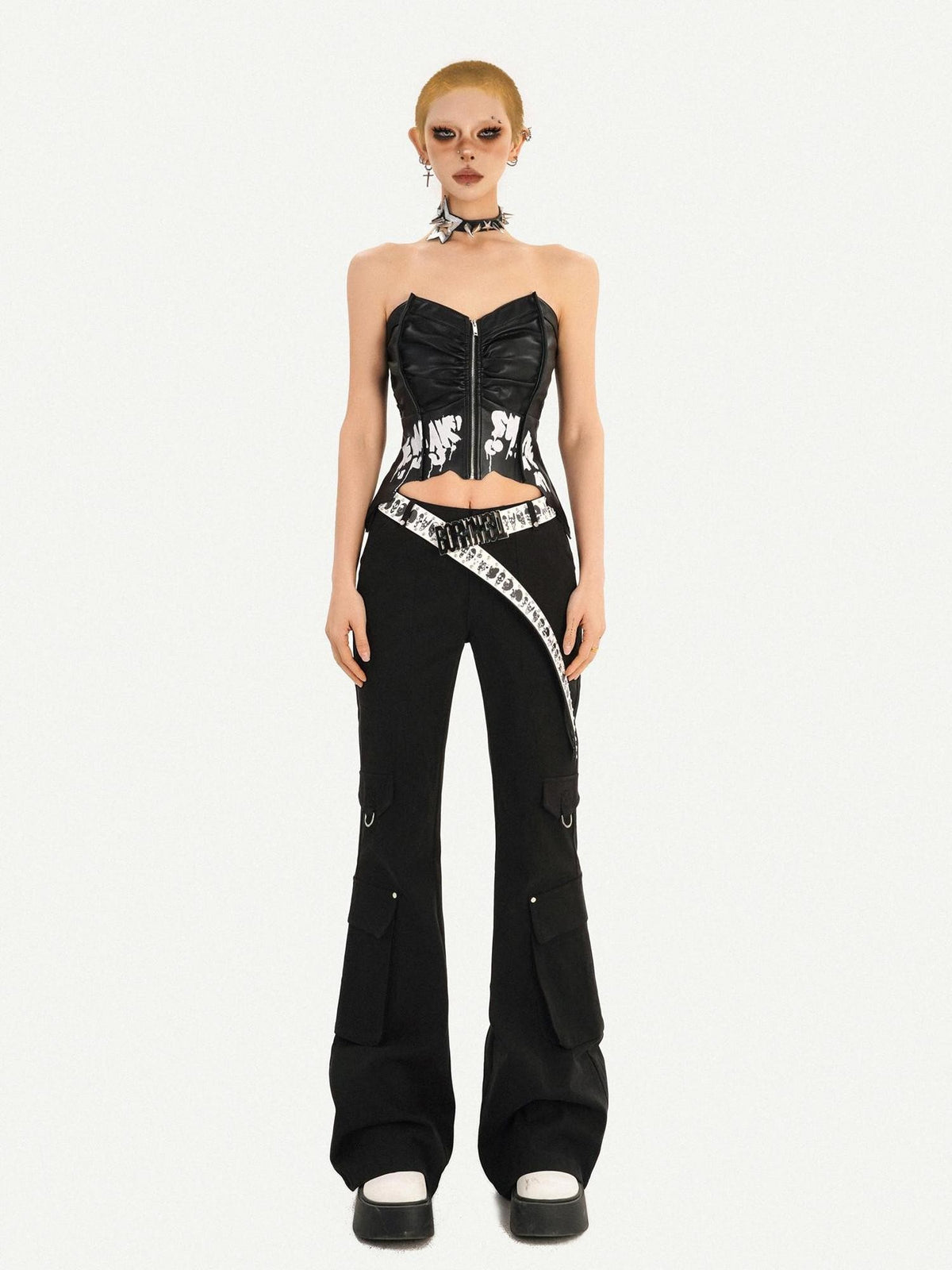 Nico Molly Black Punk Zippered Cropped Bustier Waist Cinch Women&
