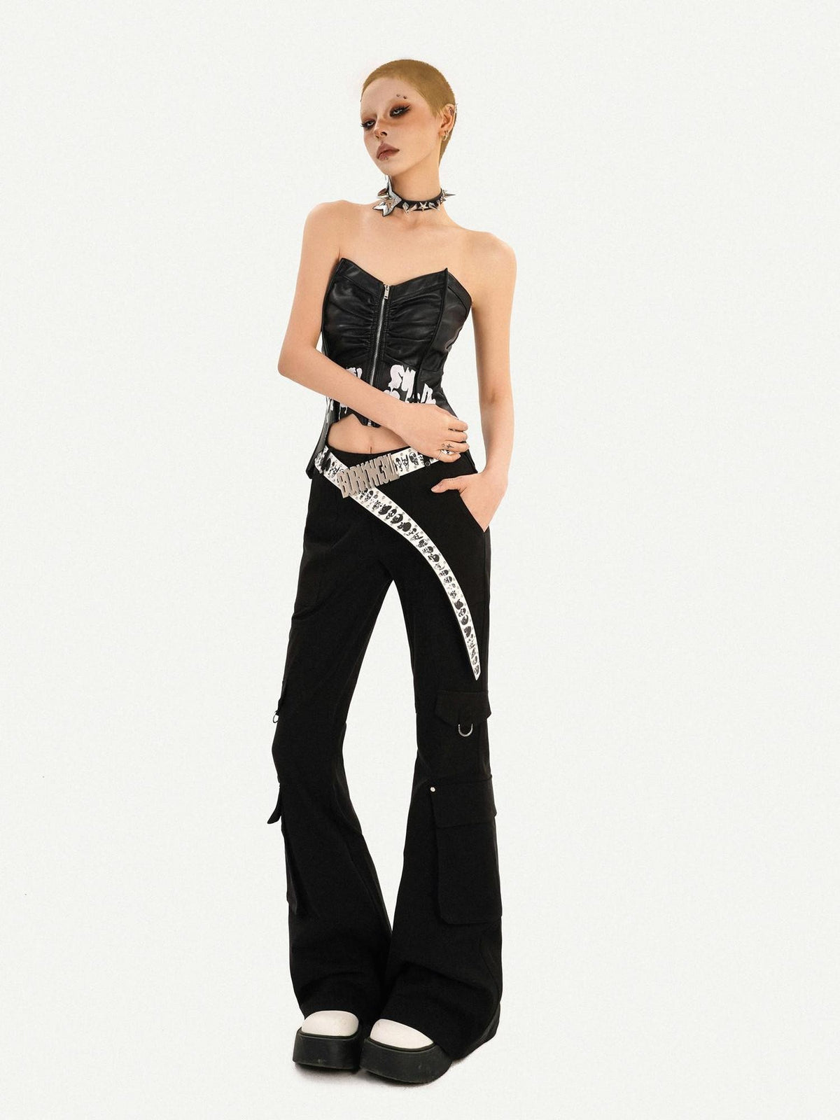 Nico Molly Black Punk Zippered Cropped Bustier Waist Cinch Women&