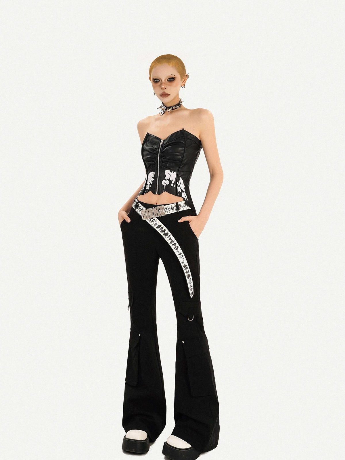 Nico Molly Black Punk Zippered Cropped Bustier Waist Cinch Women&