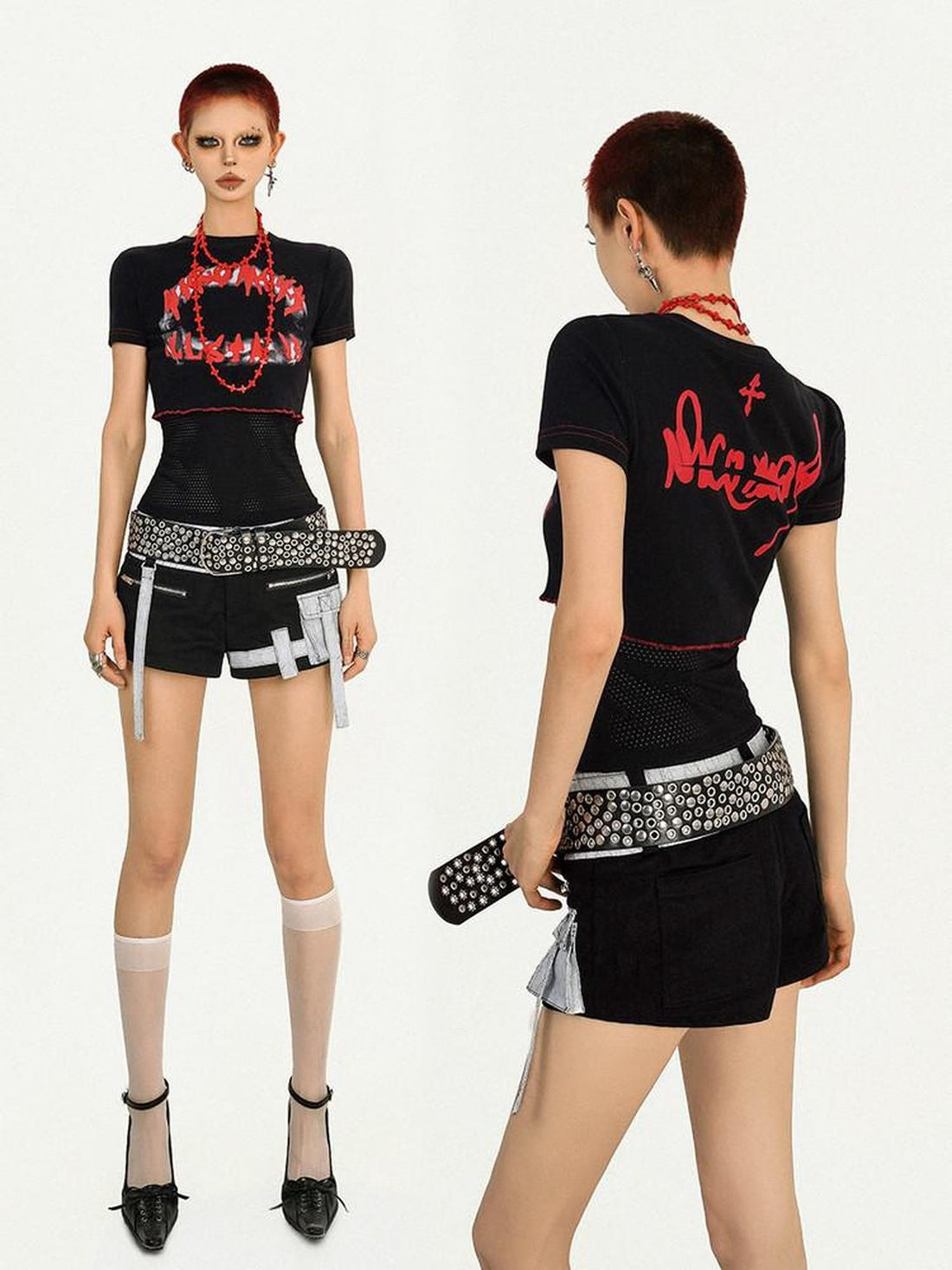 Nico Molly Black Red Letter Print Patchwork Round Neck Punk Women&