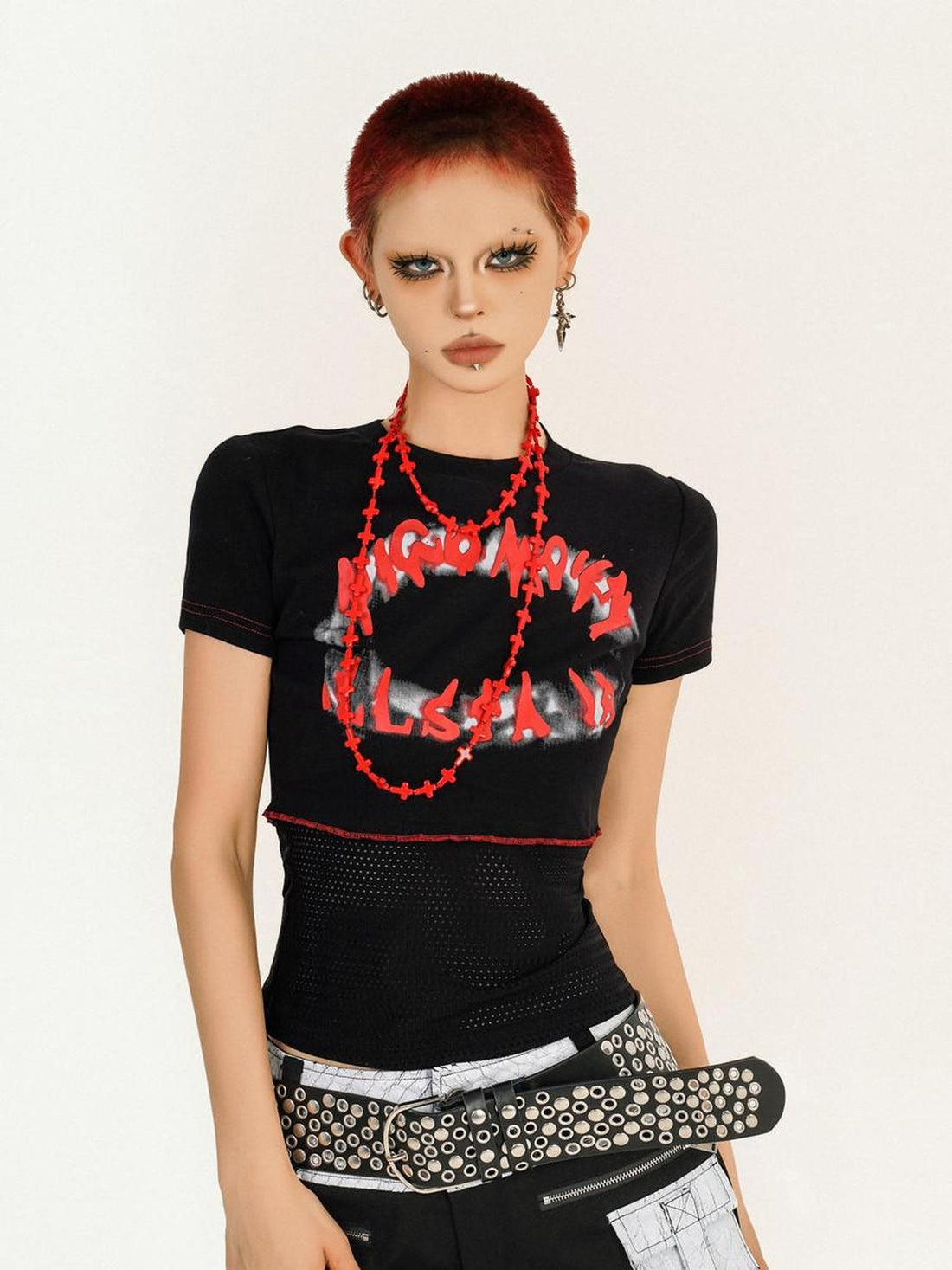 Nico Molly Black Red Letter Print Patchwork Round Neck Punk Women&