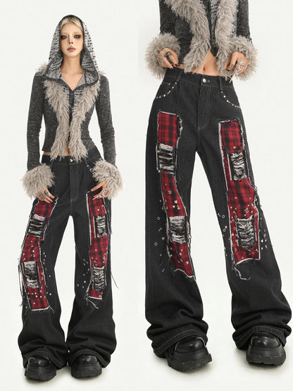 Nico Molly Black Red Plaid Patchwork Rivet Punk Women&