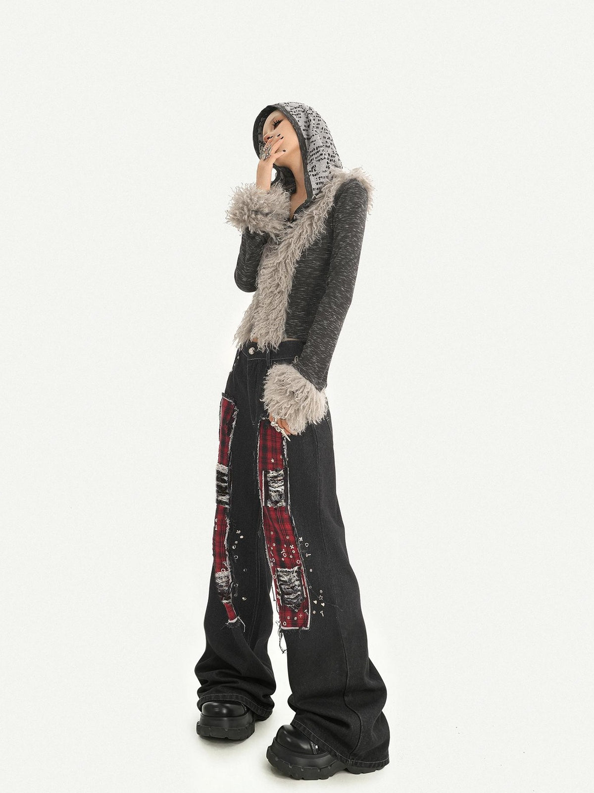 Nico Molly Black Red Plaid Patchwork Rivet Punk Women&
