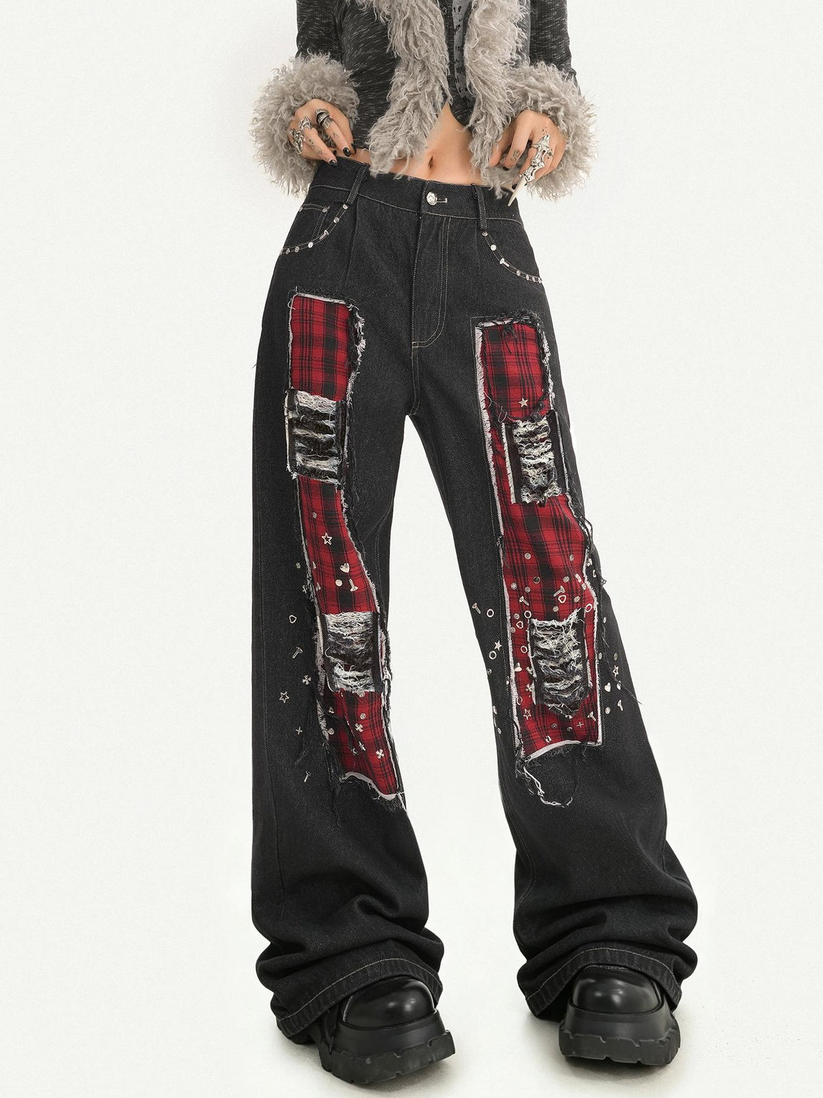 Nico Molly Black Red Plaid Patchwork Rivet Punk Women&