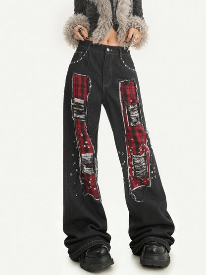 Nico Molly Black Red Plaid Patchwork Rivet Punk Women&