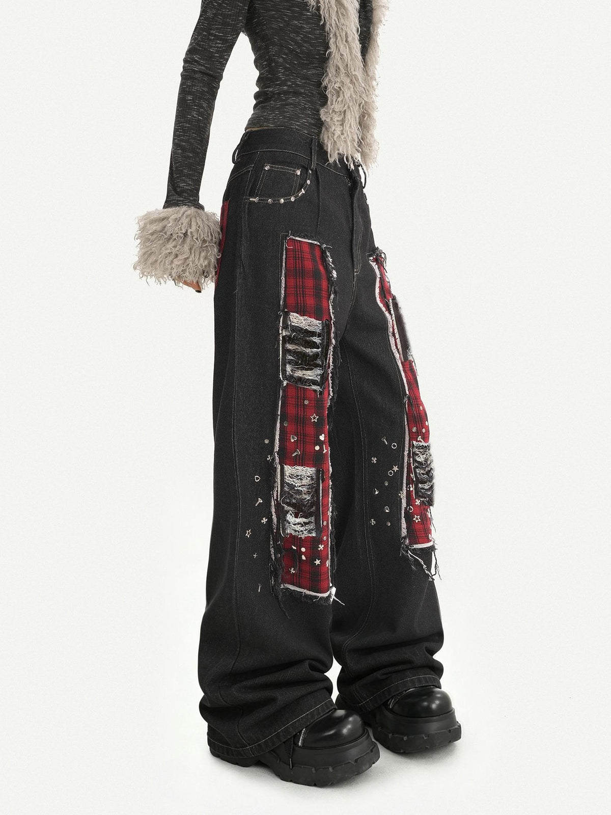Nico Molly Black Red Plaid Patchwork Rivet Punk Women&