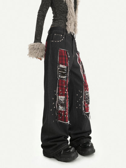 Nico Molly Black Red Plaid Patchwork Rivet Punk Women&