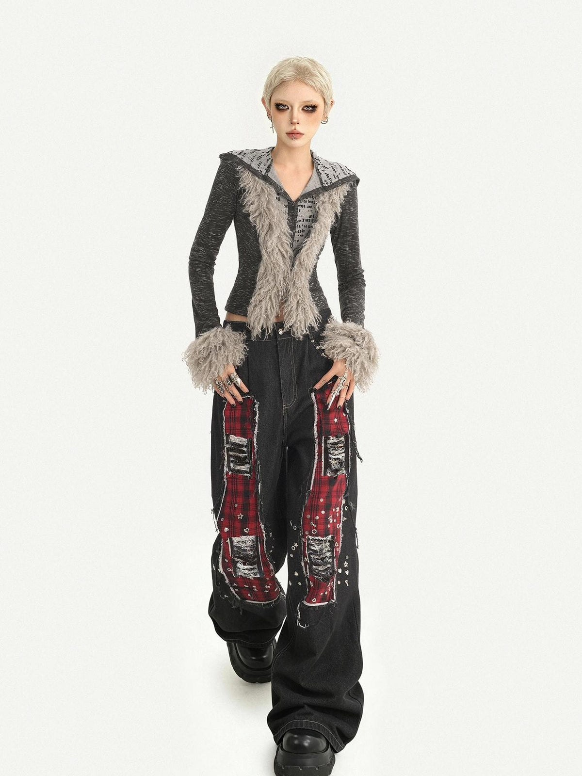 Nico Molly Black Red Plaid Patchwork Rivet Punk Women&