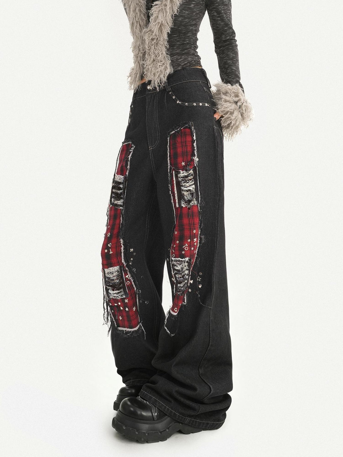 Nico Molly Black Red Plaid Patchwork Rivet Punk Women&