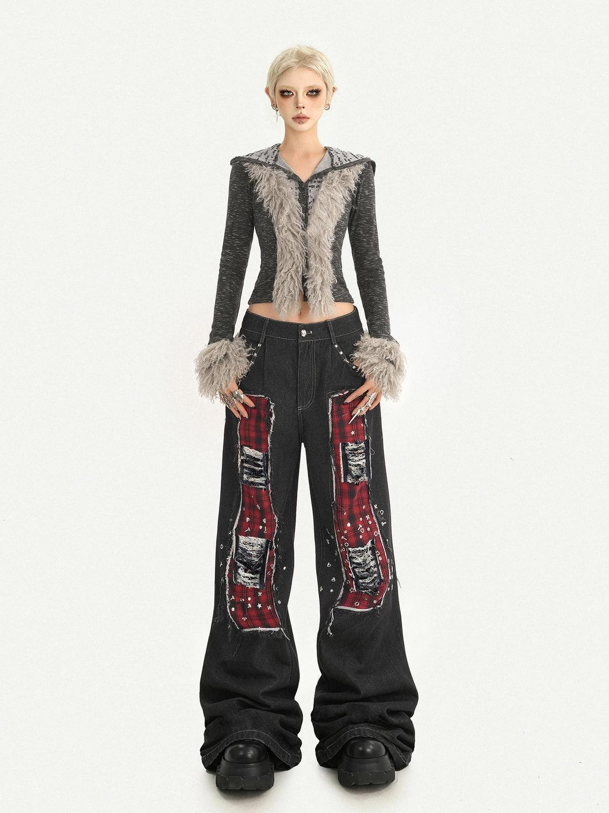 Nico Molly Black Red Plaid Patchwork Rivet Punk Women&