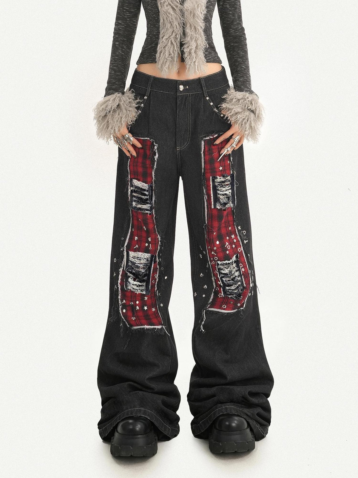 Nico Molly Black Red Plaid Patchwork Rivet Punk Women&