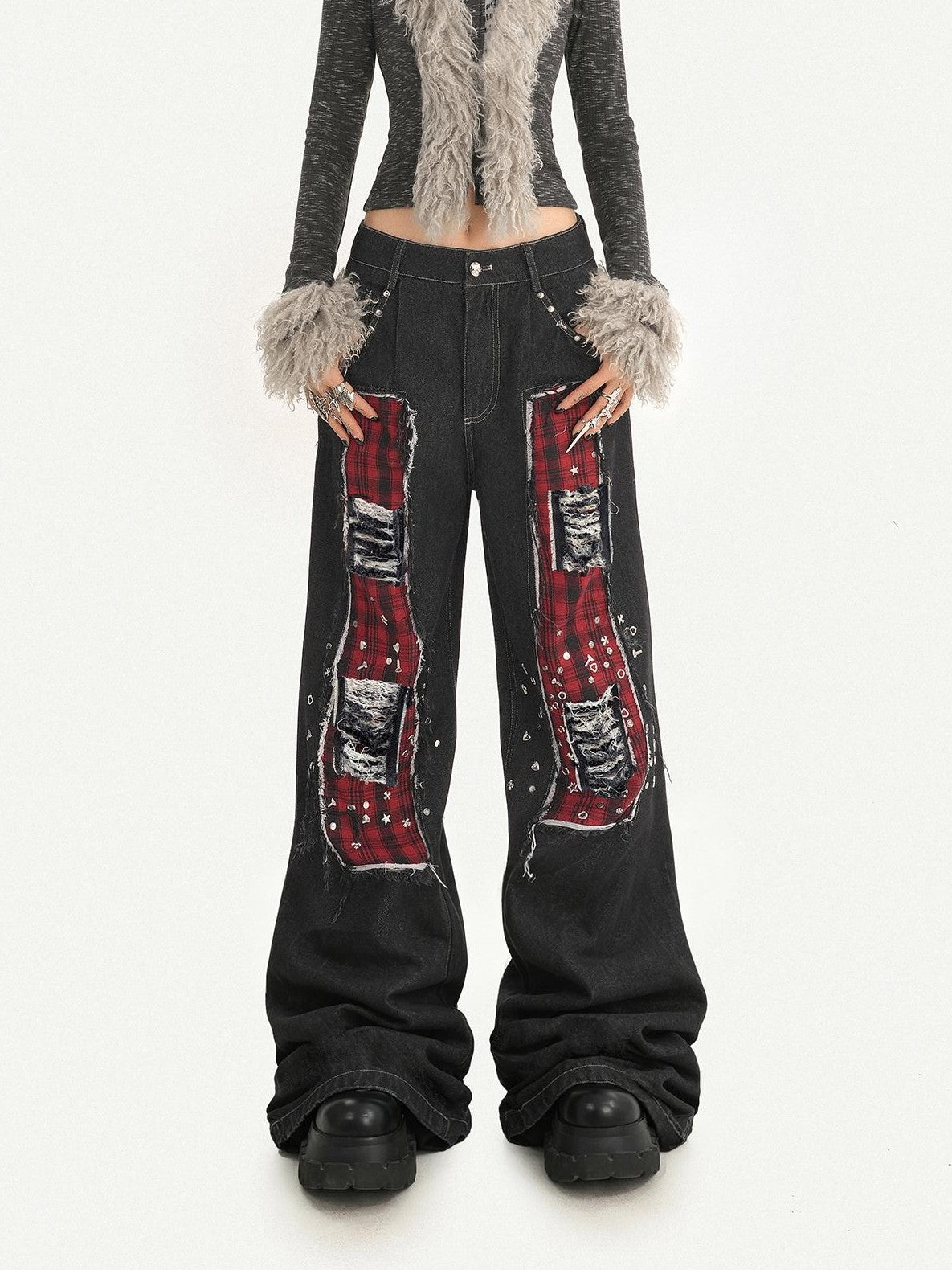 Nico Molly Black Red Plaid Patchwork Rivet Punk Women&