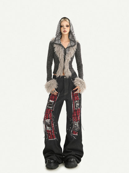 Nico Molly Black Red Plaid Patchwork Rivet Punk Women&