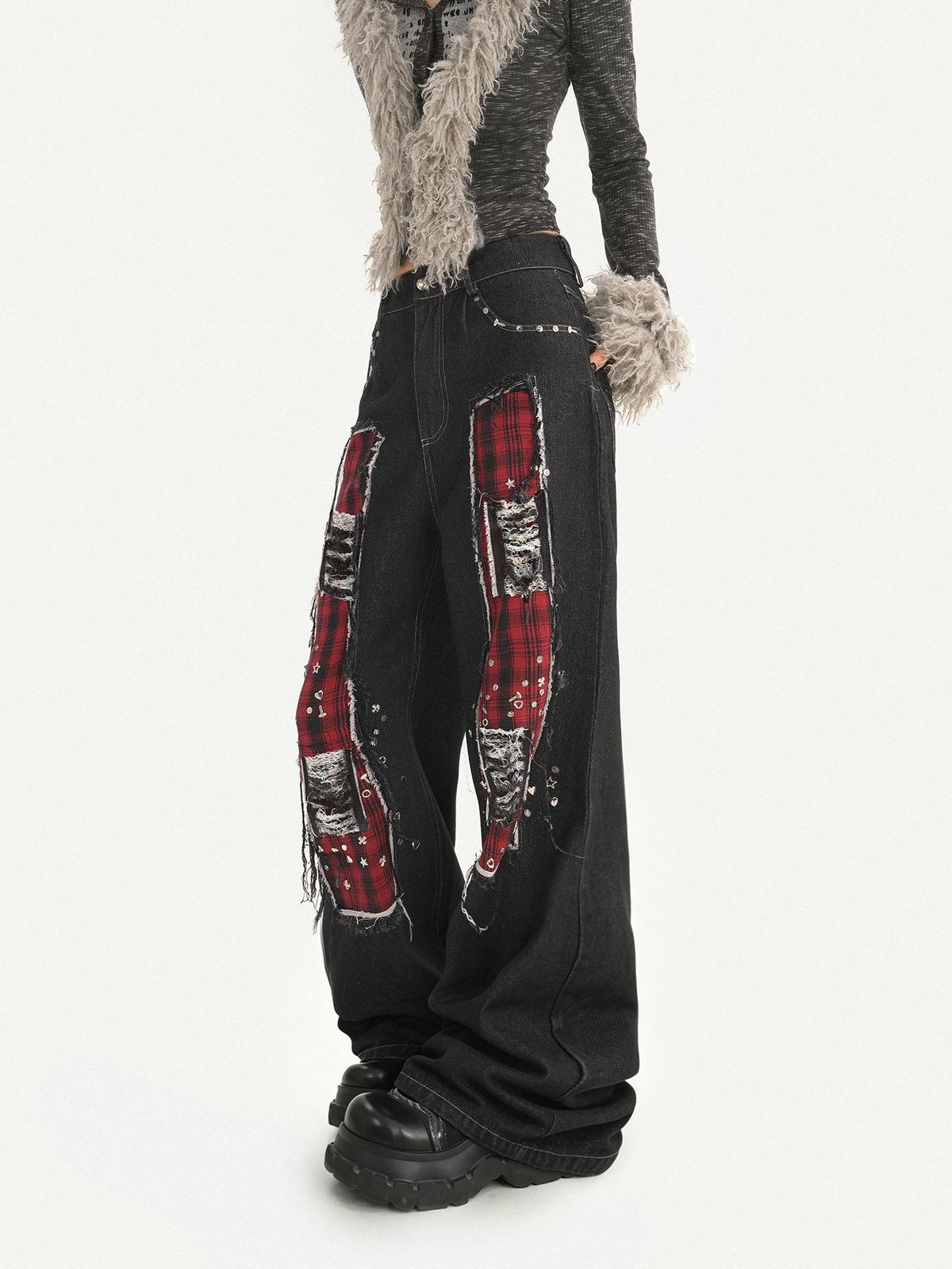 Nico Molly Black Red Plaid Patchwork Rivet Punk Women&