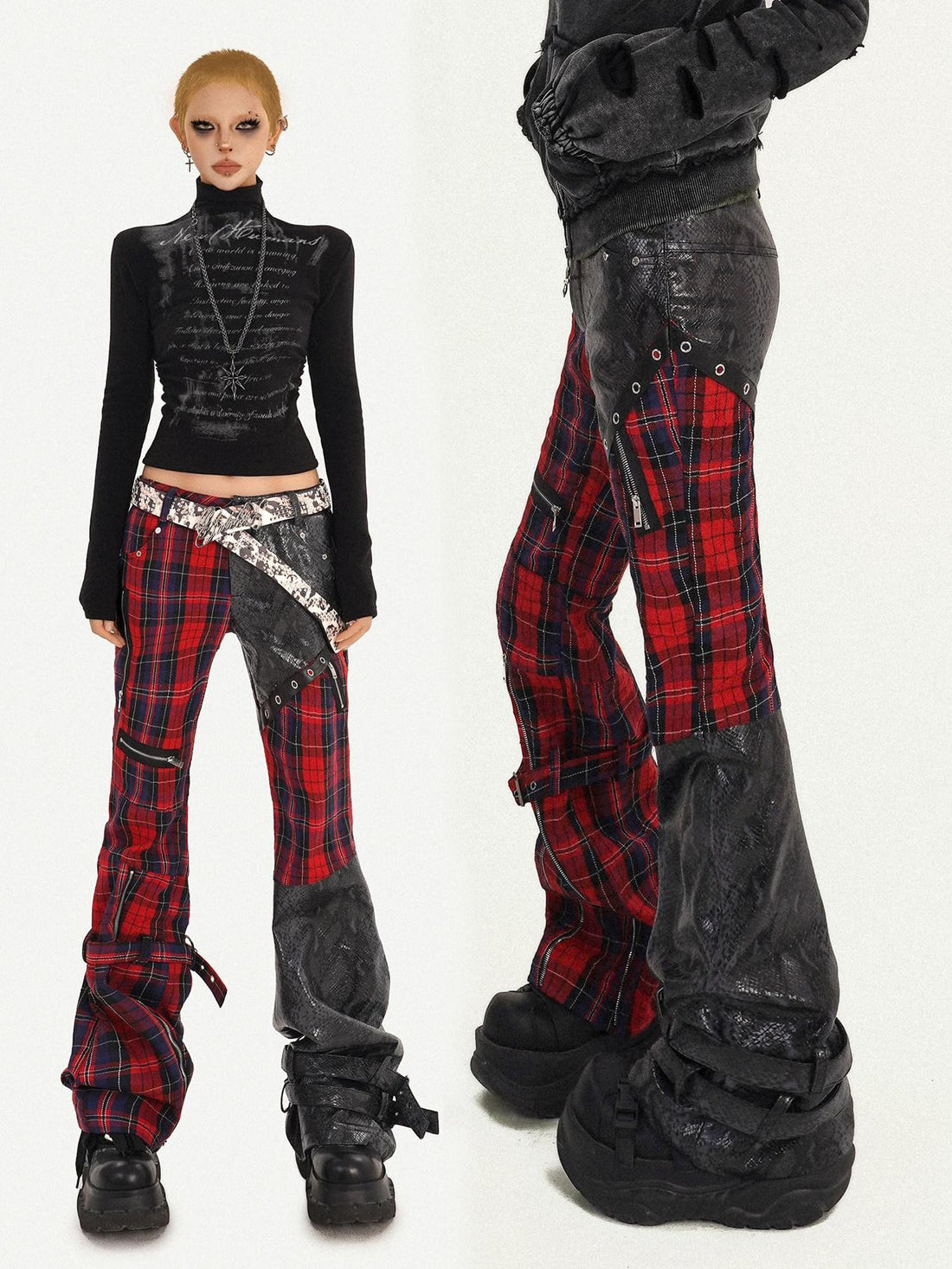 Nico Molly Black Red Plaid Patchwork Street Rock Slim Women&