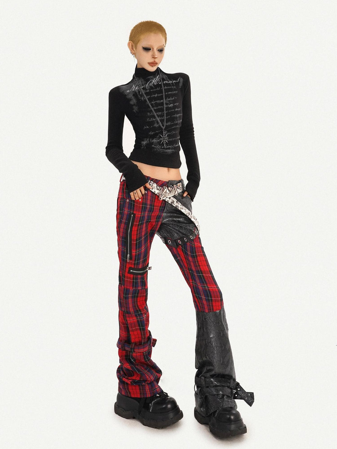 Nico Molly Black Red Plaid Patchwork Street Rock Slim Women&