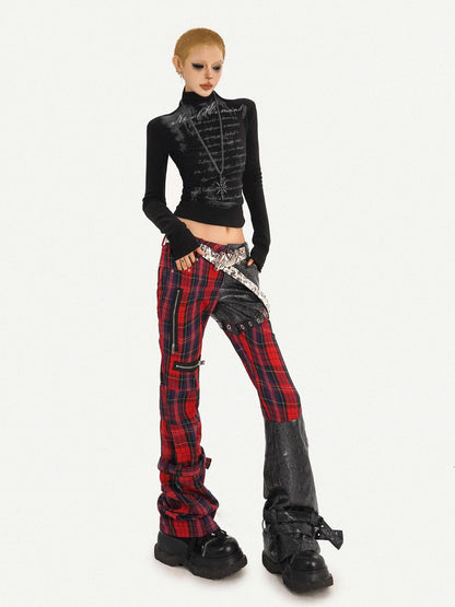Nico Molly Black Red Plaid Patchwork Street Rock Slim Women&