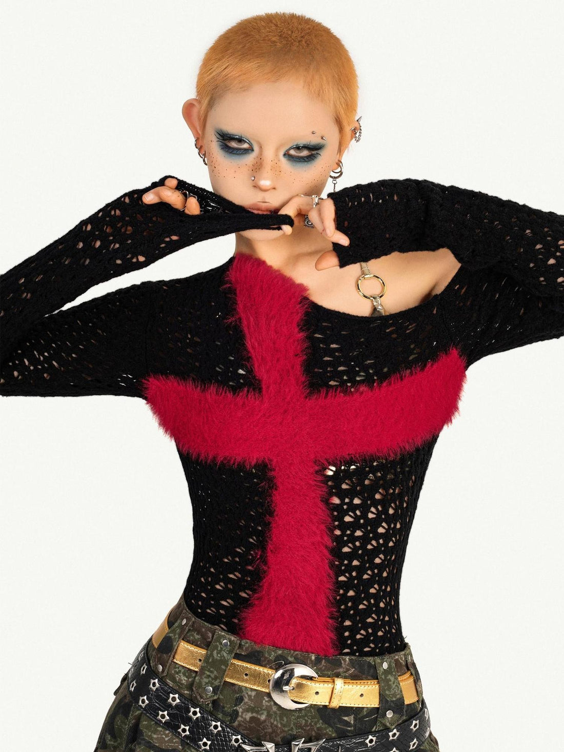Nico Molly Black Red Punk Fishnet Cross Cutout Patchwork Women&