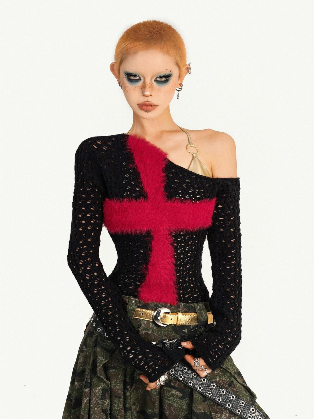 Nico Molly Black Red Punk Fishnet Cross Cutout Patchwork Women&